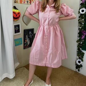 Vintage 1980s Walden Classics Pink Striped Midi Dress Size Large Puff Sleeve